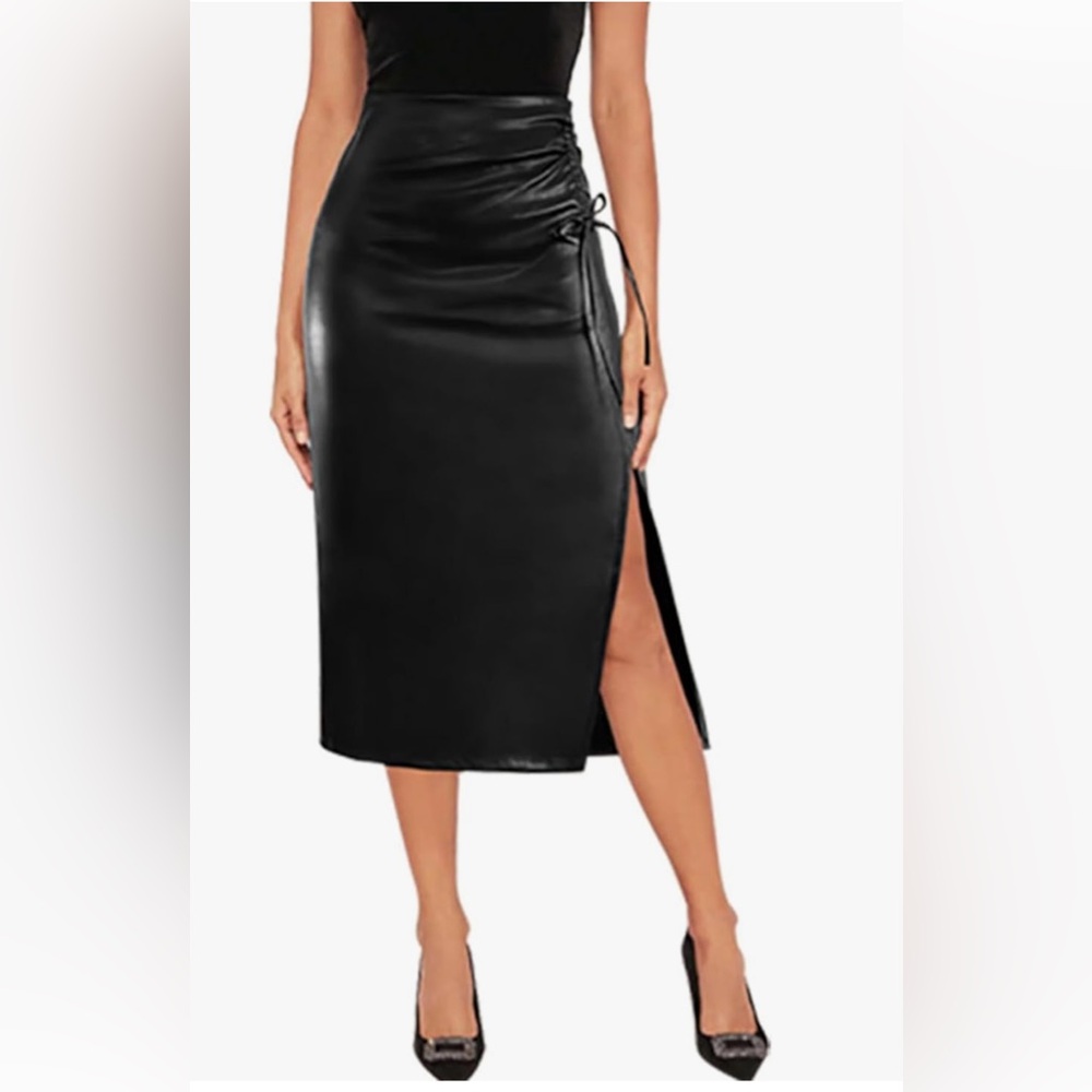 Faux Leather Black Midi Skirt with Split